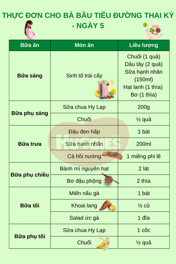 Thực đơn cho mẹ bầu tiểu đường thai kỳ chi tiết ngày 5